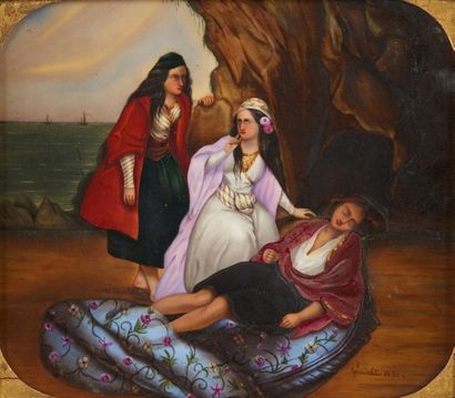 CHARLES GAUDELET (?) 1817 -1870 
Trois femmes allanguies sur la plage.
Plaque de...