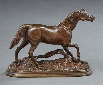 JULES MOIGNIEZ (1834-1894), D'APRÈS Cheval
Bronze à patine brune, signé.
H.: 9,5...