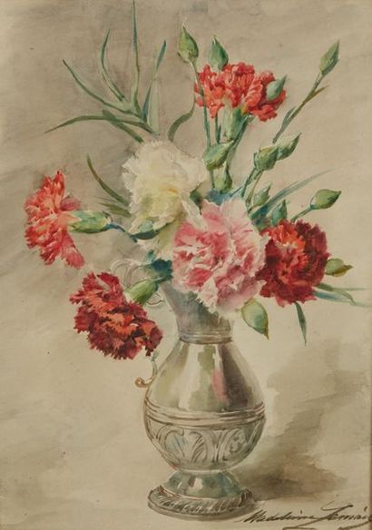 MADELEINE LE MAIRE (1845-1928) 
Bouquet d'oeillets dans un vase
Aquarelle sur papier,...