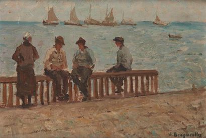 VICTOR BRUGAIROLLES (1869-1936) 
Pêcheurs assis en bord de mer
Huile sur panneau,...