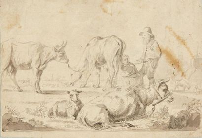 École FRANÇAISE du XVIIIe siècle 
Dessin figurant vaches et personnages.
Dim.: 15...