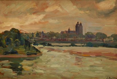 Louis Michel BERNARD (1885-1962) 
Vue d'église en bord de rivière
Huile sur carton,...