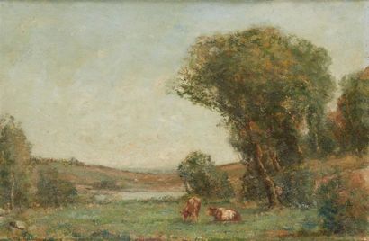 André Des FONTAINES (1869-1910) 
Paysage aux vaches
Huile sur isorel.
Trace de signature...