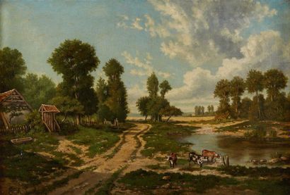 Emile LAMBINET (Versailles 1813 - Bougival 1877) 
Vaches à l'abreuvoir
Sur sa toile...