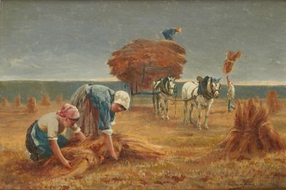 TRISTAN LACROIX (FRANCE 1840 - 1914) 
Les ramasseuses de foin
Panneau.
Signé et daté...