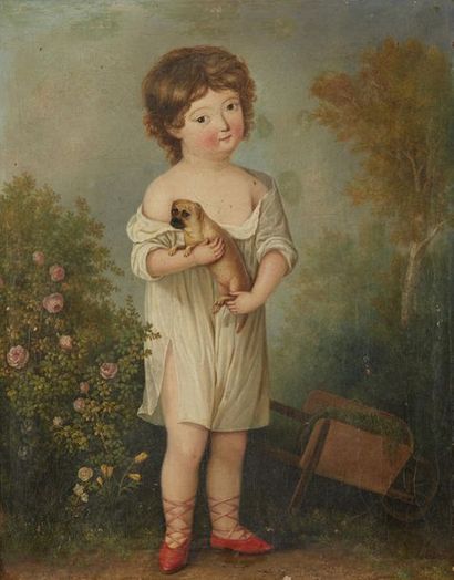 N.F.J HOLLAIN (VALENCIENNES 1761 -...) 
Jeune enfant et son chien
Sur sa toile d'origine.
Signé...