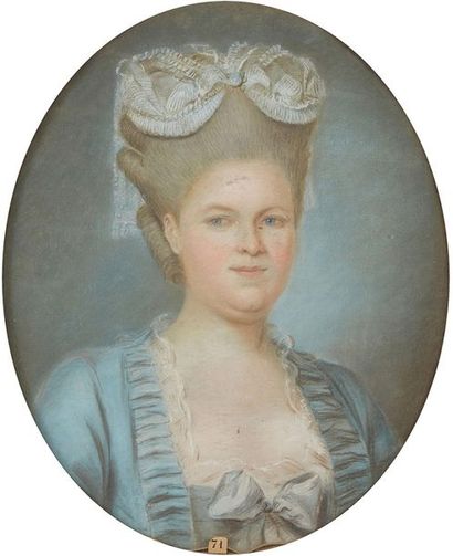 Ecole Francaise vers 1780 
Portrait de femme à la robe bleue
Portrait d'homme en...