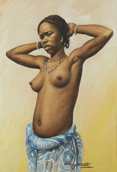 École ÉTRANGÈRE vers 1900 
Femme africaine aux seins nus
Aquarelle portant une signature
45...
