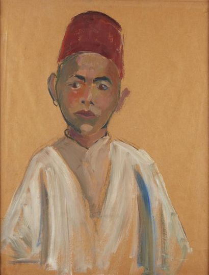 Ecole Orientaliste Portrait d'enfant au fez
Gouache sur papier.
57 x 45cm