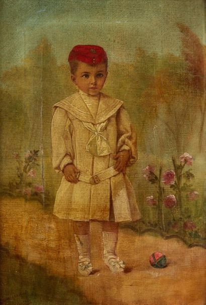 École FRANÇAISE du XIXe-XXe siècle Enfant à la balle
Huile sur toile découpée, porte...