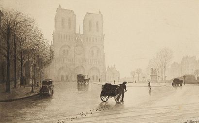 JEAN SOREL (1870-1956) 
Parvis de Notre-Dame
Technique mixte sur papier signée en...