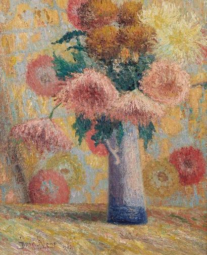 BERNHARD KLENE (1870-1930) 
Bouquet de chrysanthèmes sur un entablement
Huile sur...