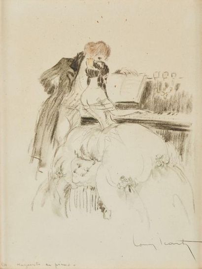 Louis ICART (1888-1950) 
Marguerite au piano
Dessin signé et tiré de l'ouvrage "la...