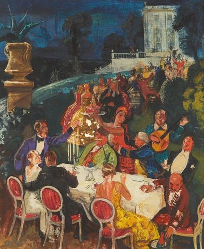 TIBOR POLYA (1886-1937) 
Garden party
Oil on panel
Signed lower right and with a...