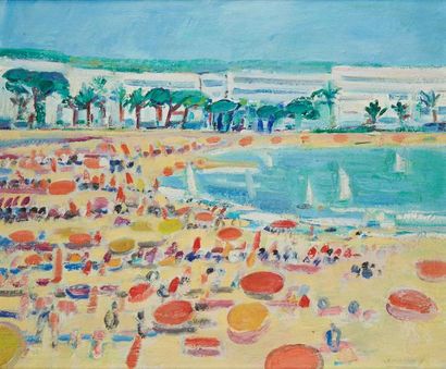 Robert SAVARY (1920-2000) 
La plage à golfe Juan 1980
Huile sur toile signée en bas...