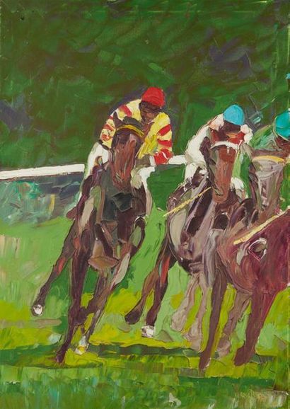 MARIO BERRINO (1920-2011) 
Course de chevaux
Huile sur toile, signée en bas à droite
70...