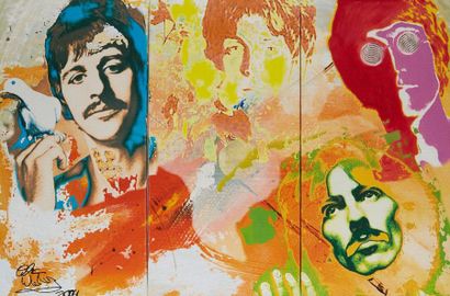 ÉCOLE ALLEMANDE CONTEMPORAINE Les Beatles
Huile sur toile tripartite
Signée en bas...