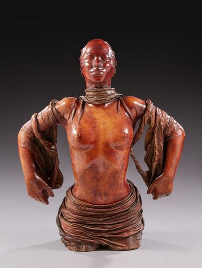 Bruno BARATIER (né en 1950) 
Buste de femme
Sculpture en bois recouvert de lanières...