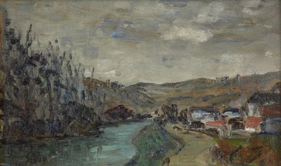 TRAVAIL FIN XIXE SIÈCLE Riverside
village Oil on canvas
Bears a signature in the...