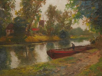 Kees TERLOW (1890-1948) 
Barque en bord de rivière
Huile sur panneau d'isorel, signée...