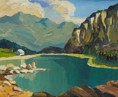 Nancie POIGNANT (1911-2000) 
Le lac Montriond
Huile sur panneau
Signée en bas à gauche...