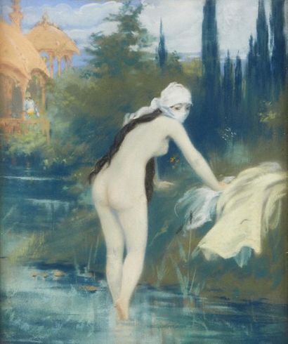 ÉCOLE ORIENTALISTE VERS 1900 
Femme voilée au bain
Pastel
44 x 35cm (à vue)