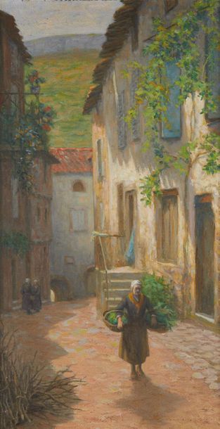 Emile Eugene FAUCONNIER (1857-1920) 
Retour de marché
Huile sur toile, signée en...
