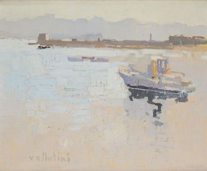 PIERRE VELLUTINI (actif au XXe) 
Bateau au port d'Ajaccio
Huile sur toile
Signée...