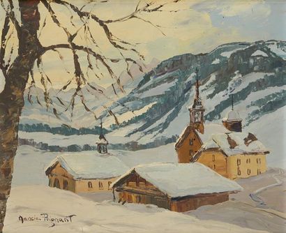 Nancie POIGNANT (1911-2000) 
Megève, vue de montagnes
Huile sur panneau
Signée en...