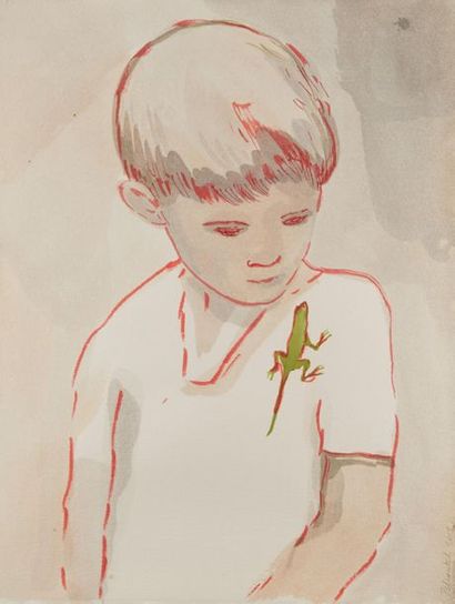 FRANCOISE PETROVITCH (né en 1964) 
Portrait d'enfant au lézard
Lavis d'encre sur...