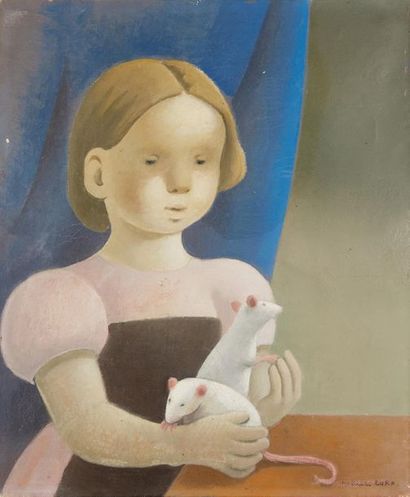 Madeleine LUKA (1894-1989) 
Jeune fille aux souris
Huile sur toile
Signée en bas...