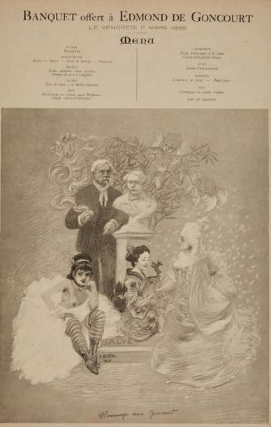 Adolphe WILLETTE Hommage aux Goncourt, illustration pour le menu du Banquet offert...