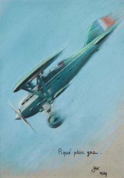 null JIX 1929 "Piqué plein gaz"
Pastel aviation encadré 37,5 x 26 cm (à vue)