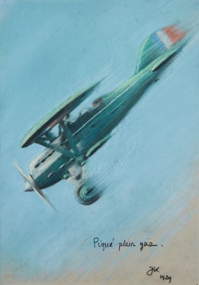 null JIX 1929 "Piqué plein gaz"
Pastel aviation encadré 37,5 x 26 cm (à vue)