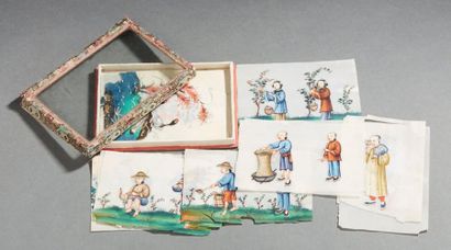 CHINE, Canton - XIXe siècle Ensemble comprenant douze petites gouaches sur papier...