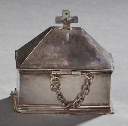 null Box with Holy Oils in silver, in the shape of a small house surmounted by a...
