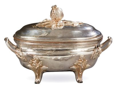 null Silver covered tureen in oblong shape.
It stands on four legs with windings...