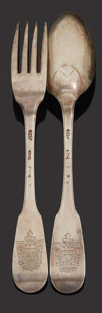 null Silver tableware, single flat model, spatulas engraved with coat of arms under...