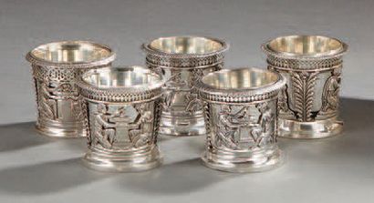 null Suite of four silver salerons, decorated with antique characters and palmettes,...