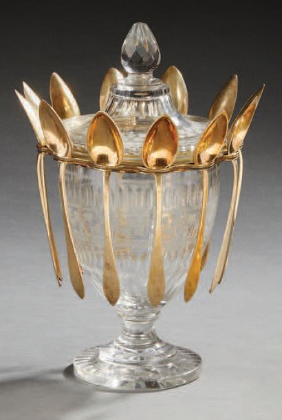 null Crystal jam maker cut and engraved with vine branches, vermeil mounting, spoons...