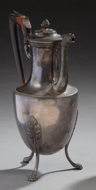 null Large tripod coffee maker in finely chiselled silver, the zoomorphic spout and...