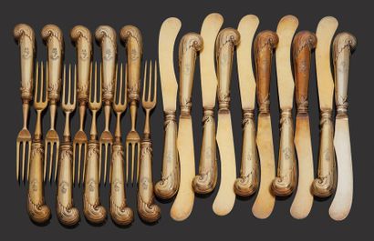 null Set consisting of ten vermeil knives and ten forks, with stock handles.
Foreign...