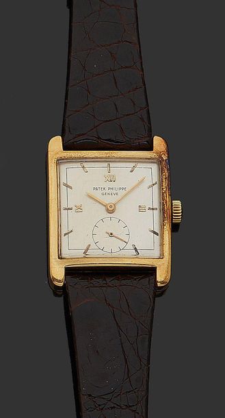 PATEK PHILIPPE 
Men's wristwatch in 18K (750) yellow gold, square case, champagne...