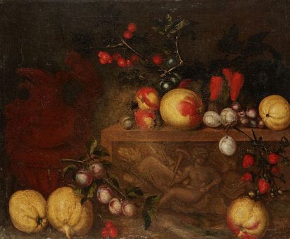 École FRANÇAISE vers 1670 
Still life with plums
Canvas (wear and tear and accidents)
57...