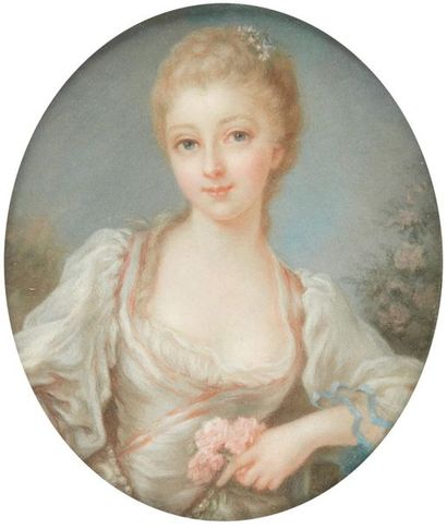École FRANÇAISE du XVIIIe siècle Portrait of a woman with a bunch of Pastel Oval...