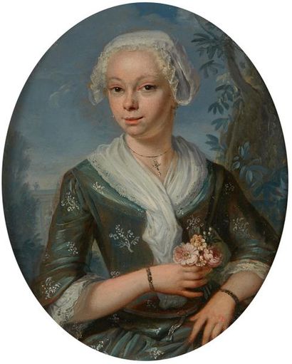 École HOLLANDAISE du XVIIIe siècle Portrait of a woman with a bunch of flowers Oval
copper
25...