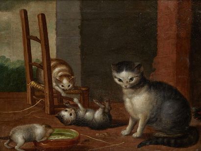 Ecole Anglaise du XVIIIe siècle Cat and her kittens
On her original canvas (accidents)
52...