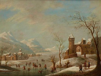 Ecole italienne du XVIIe siècle 
Winter landscape with skaters 
Canvas 
28 x 35,...