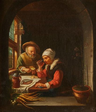 ÉCOLE HOLLANDAISE DU XIXE SIÈCLE, d'après GERRIT DOU 
Lean 
Breakfast Canvas 
37...