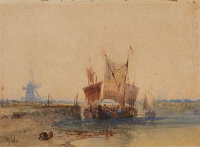 William WYLD (Londres 1806-Paris 1889) 
River bank at the windmill
Watercolour
Signed...